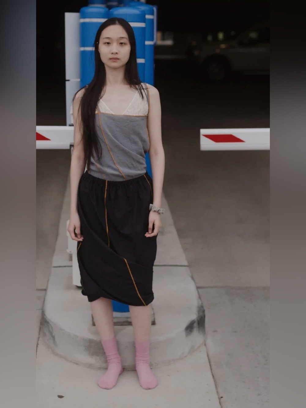 BASERANGE The Turn Skirt In Black Organic Cotton Contrast Stitch Twisted Seams